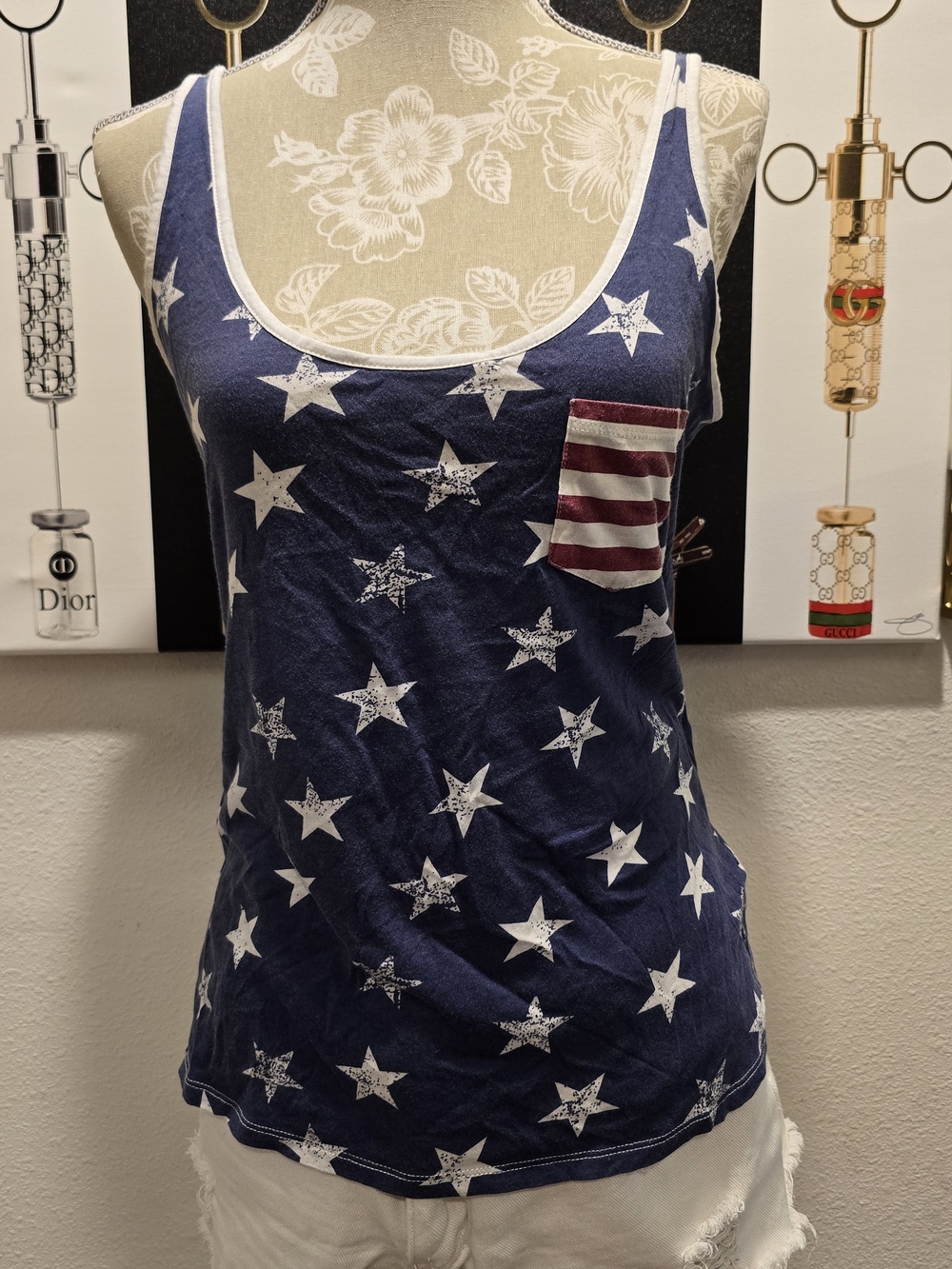 VENUS Navy Star Print Tank with Striped Pocket